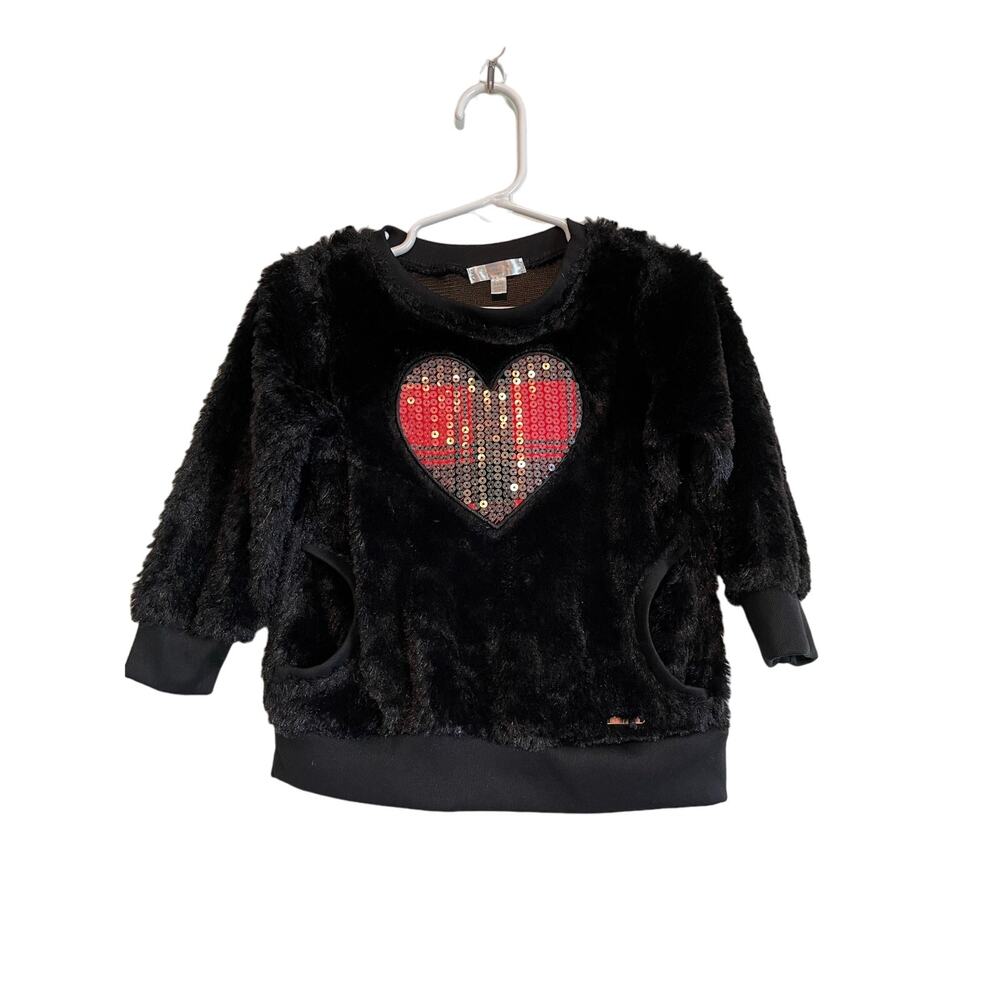 Tahari long sleeve black top faux fur sequin red plaid heart pockets Size 24 mo.